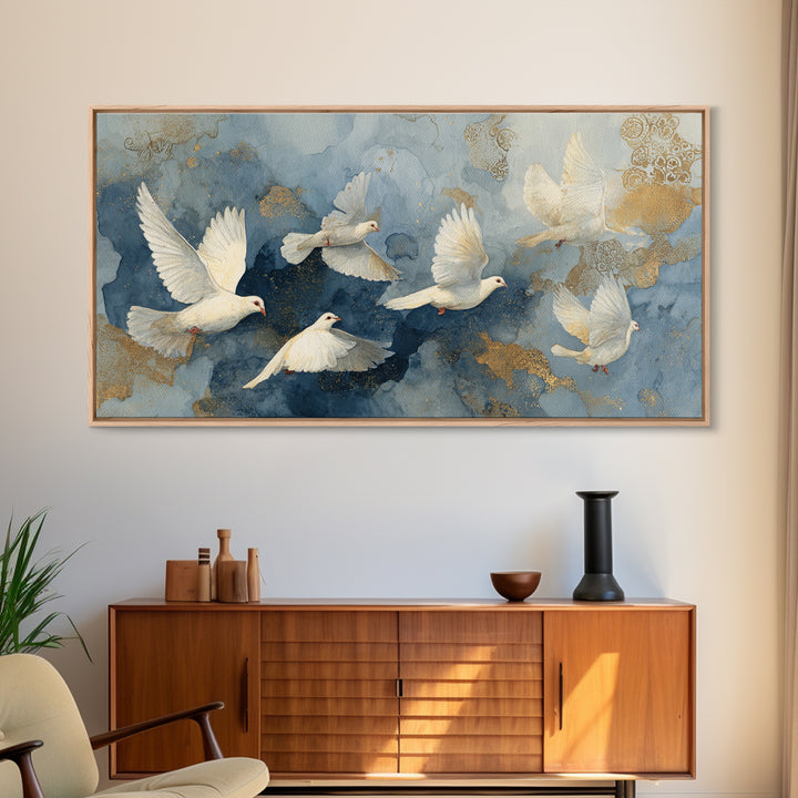 Doves Flying Through Soft Golden Light Framed Canvas Print, Wedding Art, Custom Painting, Living Room Decor, Fine Art, Romance, WED-2x1-55