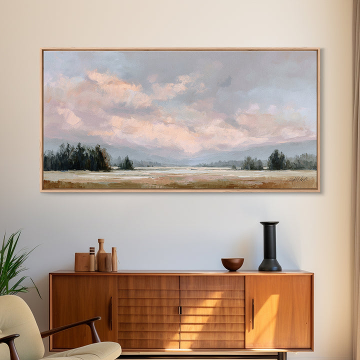Blush Cloudscape with Dreamy Atmosphere Framed Canvas Print, Wedding Art, Downloadable Art, Living Room Decor, Watercolor Art, WED-2x1-59