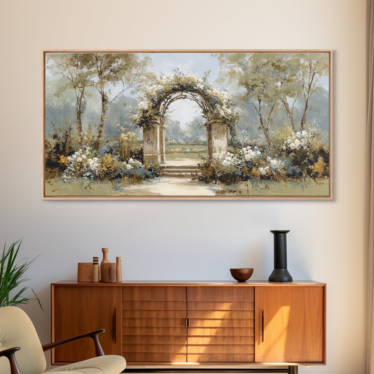 Romantic Garden Arch Covered Framed Canvas Print, Wedding Art, Neutral Decor, Living Room Decor, Oil Painting, Romance, WED-2x1-6