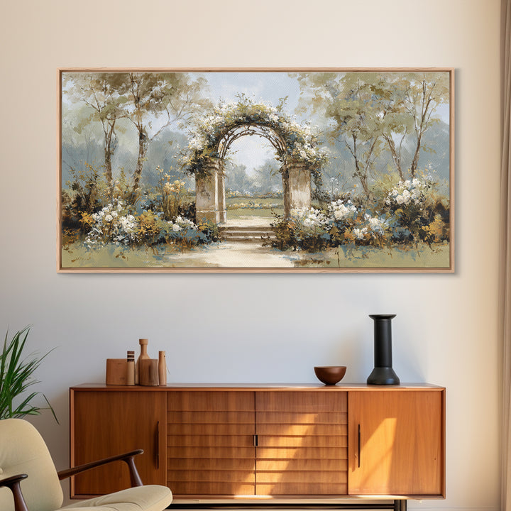Romantic Garden Arch Covered Framed Canvas Print, Wedding Art, Neutral Decor, Living Room Decor, Oil Painting, Romance, WED-2x1-6