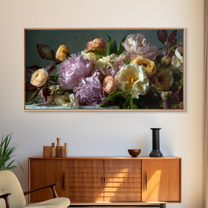 Peony and Ranunculus Bouquet Canvas Print, Wedding Art, Wedding Guest Book, Living Room Decor, Romance, Rustic Wedding, WED-2x1-64
