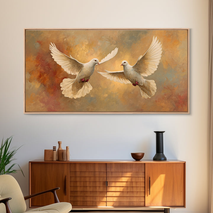 Doves Flying Through Soft Golden Light Framed Canvas Print, Wedding Art, Contemporary Art, Living Room Decor, Fine Art, Romance, WED-2x1-7