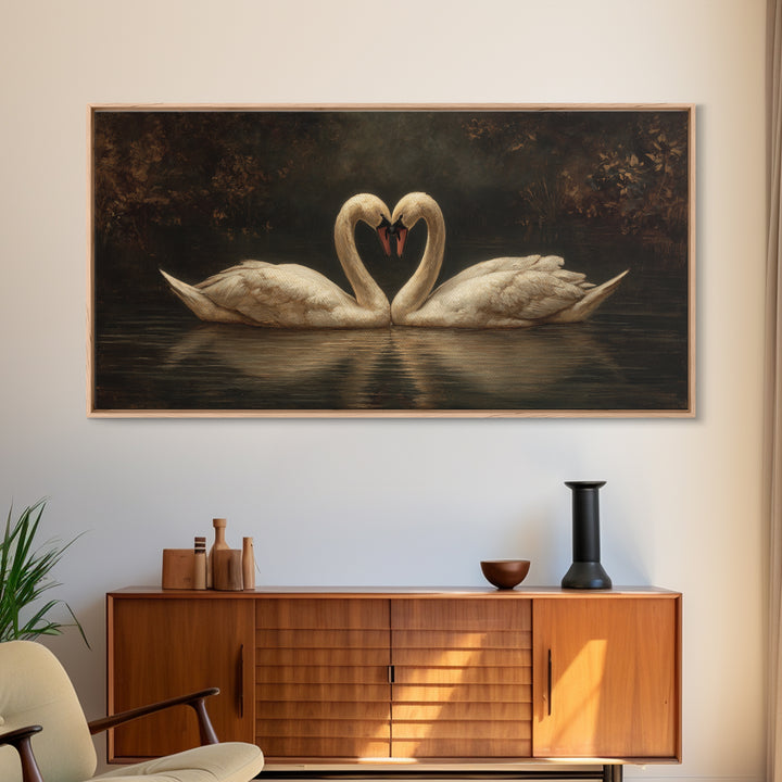 Two Swans Forming a Heart on Dark Canvas Print, Wedding Art, Minimalist Decor, Living Room Decor, Romance, Custom Painting, WED-2x1-70
