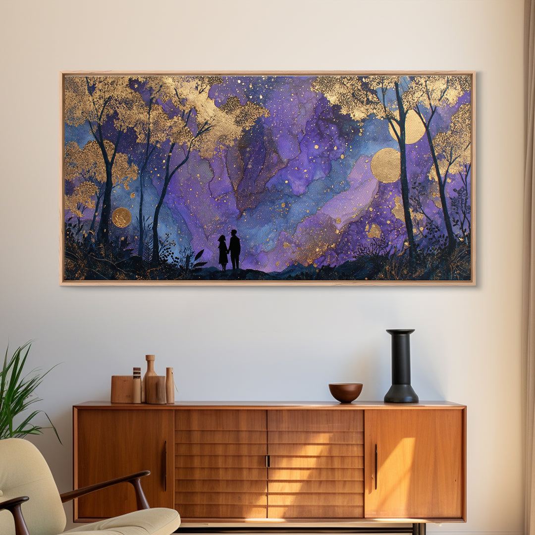 Couple Silhouette Beneath Moonlit Trees Canvas Print, Wedding Art, Art, Living Room Decor, Romance, Custom Wedding Gift, WED-2x1-73