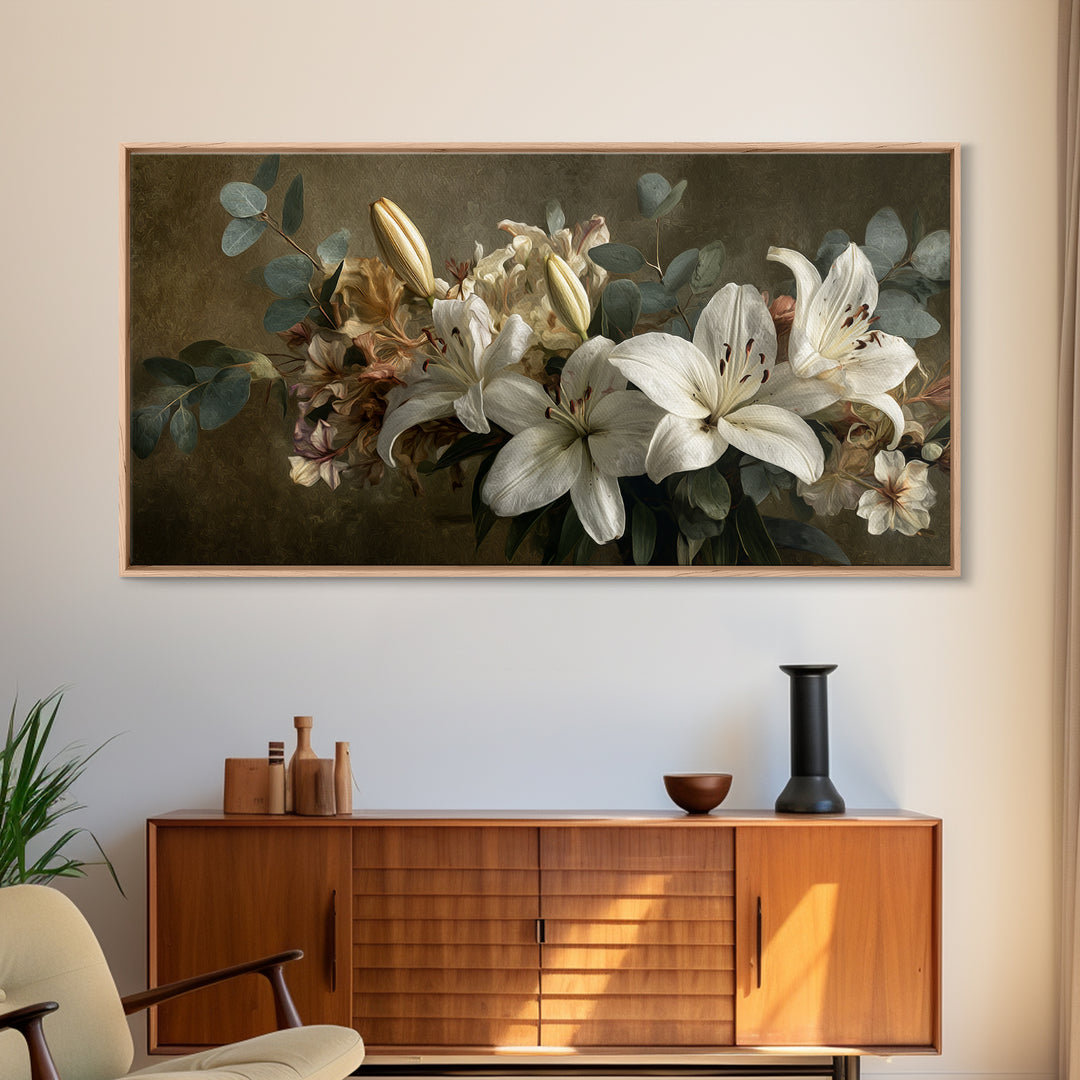 White Lilies and Eucalyptus Arrangement Canvas Print, Wedding Art, Wedding, Living Room Decor, Oil Painting, Romance, WED-2x1-77