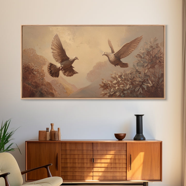 Doves Flying Through Soft Golden Light Framed Canvas Print, Wedding Art, Beach Wedding, Living Room Decor, Fine Art, Romance, WED-2x1-79