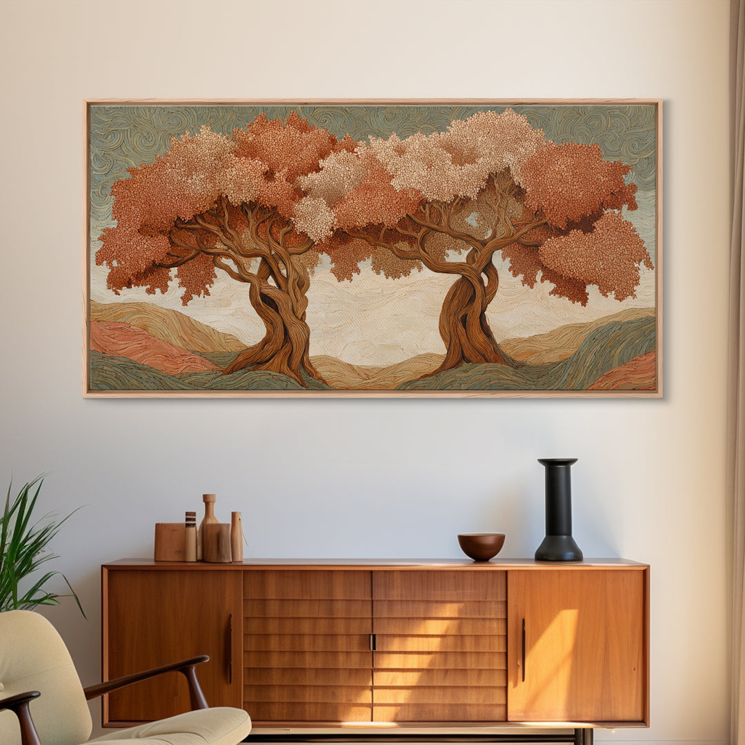 Two Intertwined Trees as Symbolic Artwork Framed Canvas Print, Wedding Art, Wedding Dress, Living Room Decor, Fine Art, Romance, WED-2x1-91