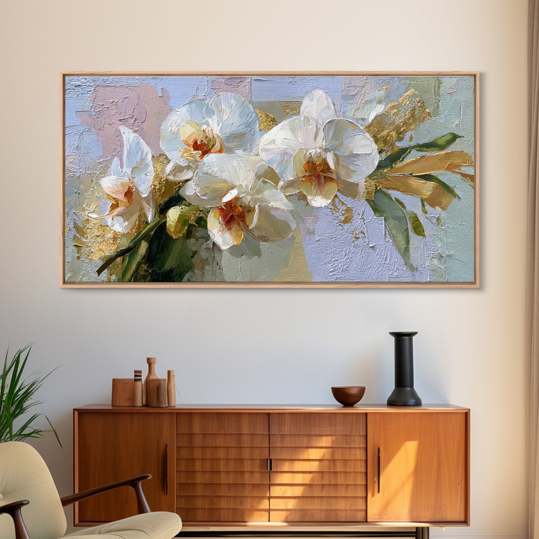White Orchid and Gold Ribbon Composition Framed Canvas Print, Wedding Art, Custom Wedding Gift, Living Room Decor, Oil Painting, WED-2x1-92
