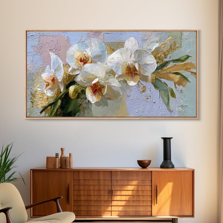 White Orchid and Gold Ribbon Composition Framed Canvas Print, Wedding Art, Custom Wedding Gift, Living Room Decor, Oil Painting, WED-2x1-92