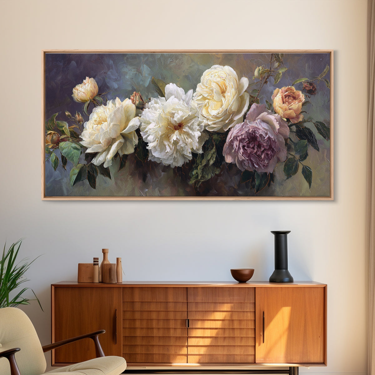 Romantic Bouquet of White Roses and Peonies Canvas Print, Wedding Art, Art Print, Living Room Decor, Fine Art, Romance, WED-2x1-93