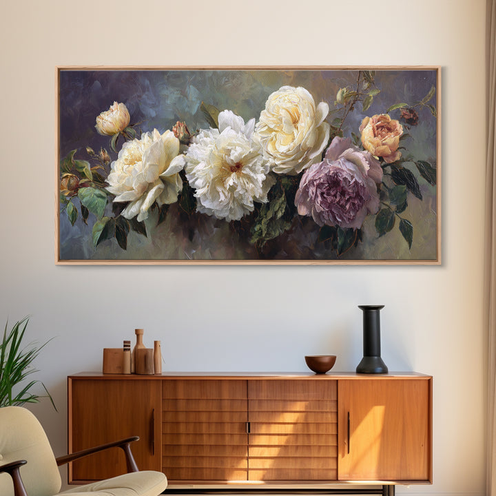 Romantic Bouquet of White Roses and Peonies Canvas Print, Wedding Art, Art Print, Living Room Decor, Fine Art, Romance, WED-2x1-93