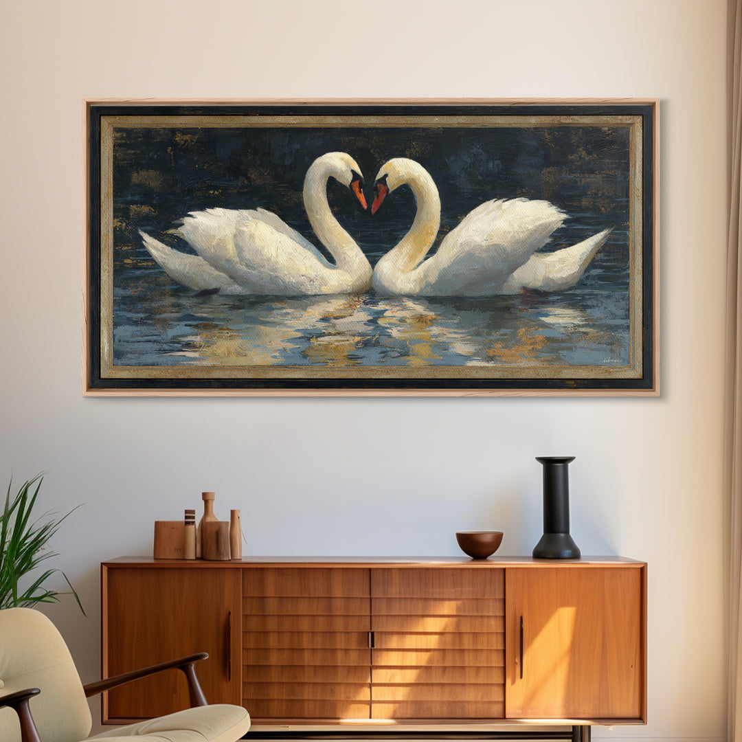 Two Swans Forming a Heart on Dark Canvas Print, Wedding Art, Minimalist Decor, Living Room Decor, Romance, Custom Painting, WED-2x1-94