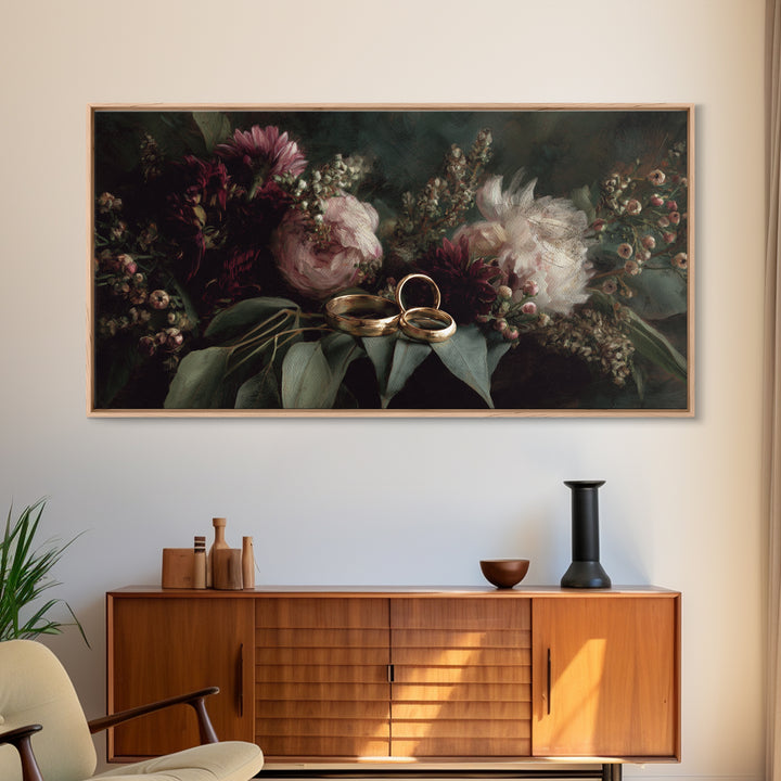 Gold Rings Resting on Velvet and Flowers Framed Canvas Print, Wedding Art, Personalized Art, Living Room Decor, Oil Painting, WED-2x1-95