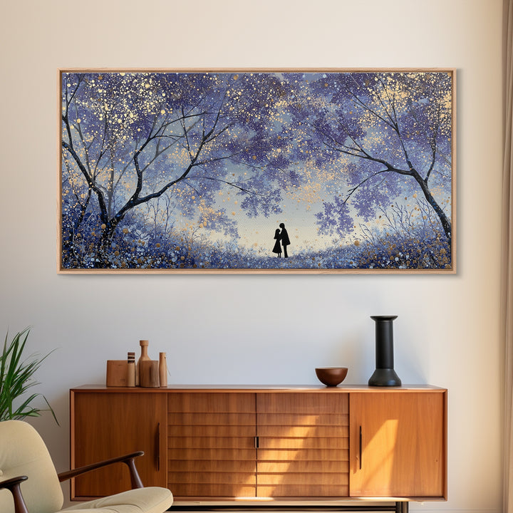 Couple Silhouette Beneath Moonlit Trees Framed Canvas Print, Wedding Art, Wedding Guest Book, Living Room Decor, Romance, WED-2x1-97