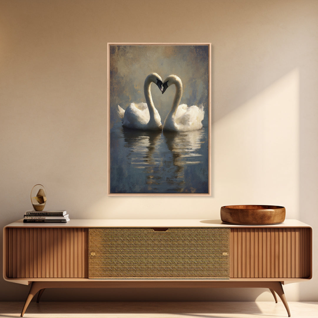 Two Swans Forming a Heart on Dark Canvas Print, Wedding Art, Wall Decor, Living Room Decor, Fine Art, Romance, Wedding Gift, WED-2x3-10