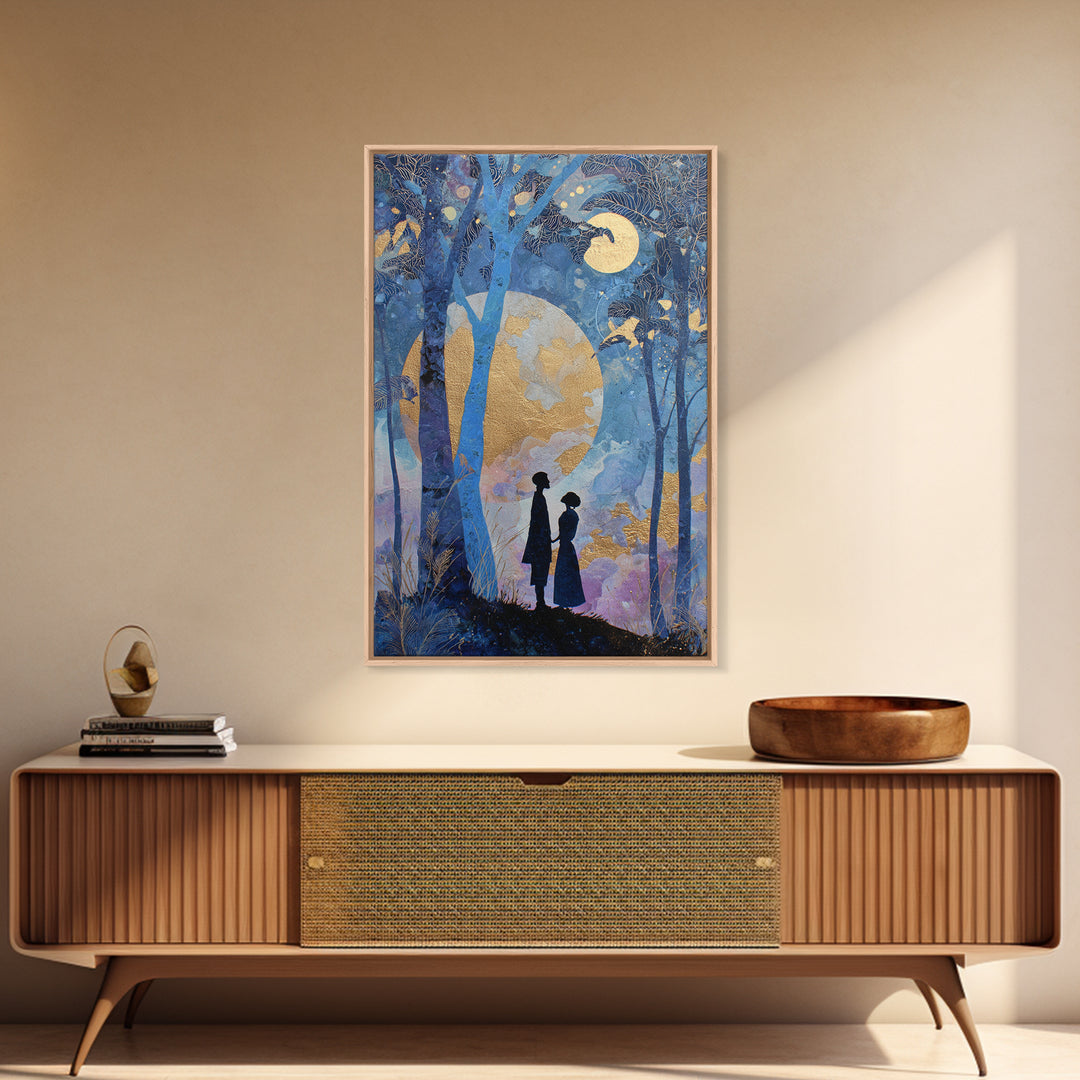 Couple Silhouette Beneath Moonlit Trees Framed Canvas Print, Wedding Art, Room Decor, Living Room Decor, Fine Art, Romance, WED-2x3-13