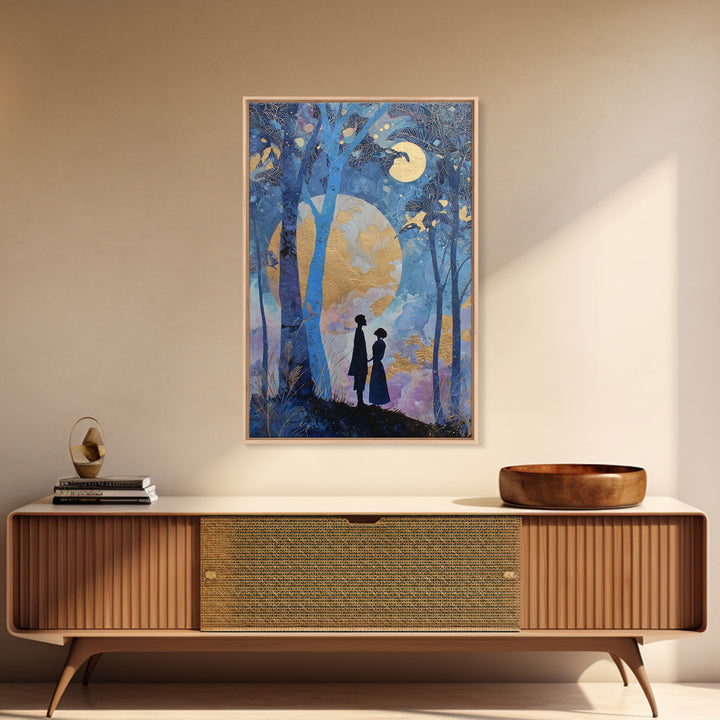 Couple Silhouette Beneath Moonlit Trees Framed Canvas Print, Wedding Art, Room Decor, Living Room Decor, Fine Art, Romance, WED-2x3-13