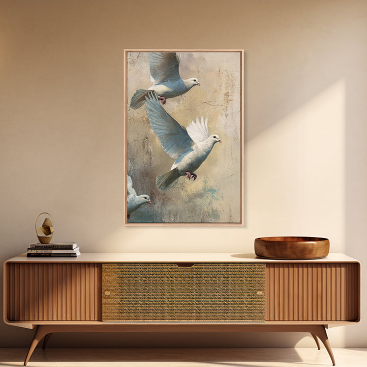 Doves Flying Through Soft Golden Light Framed Canvas Print, Wedding Art, Bride and Groom, Living Room Decor, Fine Art, Romance, WED-2x3-19