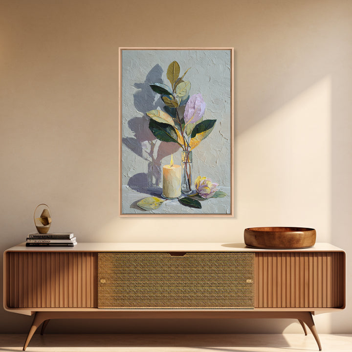 Romantic Candle and Floral Still Life Framed Canvas Print, Wedding Art, Gallery Decor, Living Room Decor, Oil Painting, Romance, WED-2x3-30