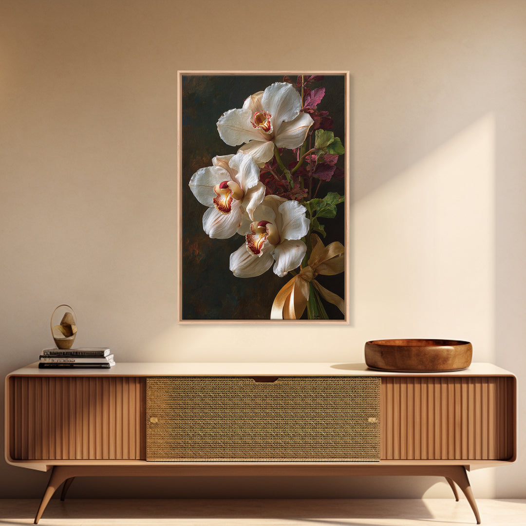 White Orchid and Gold Ribbon Composition Canvas Print, Wedding Art, Downloadable Art, Living Room Decor, Fine Art, Romance, WED-2x3-32