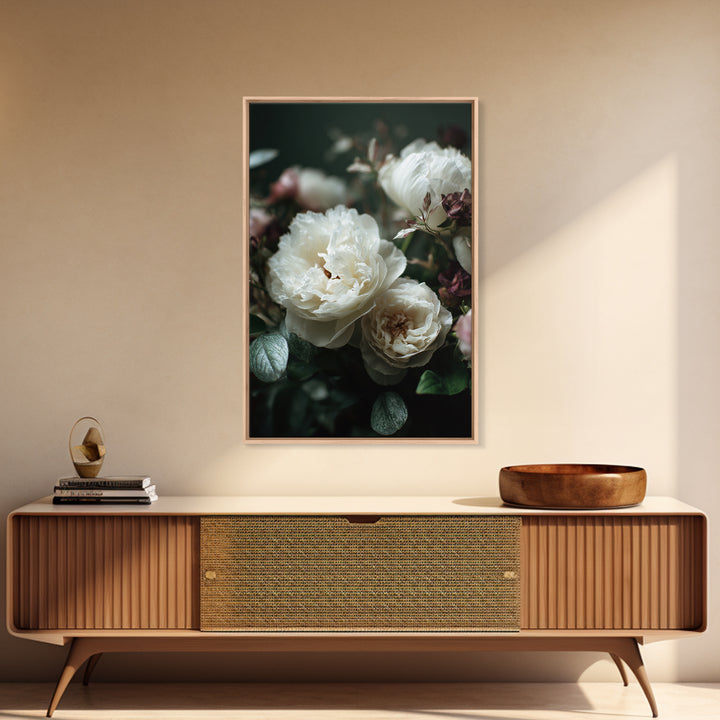 Romantic Bouquet of White Roses and Peonies Framed Canvas Print, Wedding Art, Art, Living Room Decor, Watercolor Art, Romance, WED-2x3-33