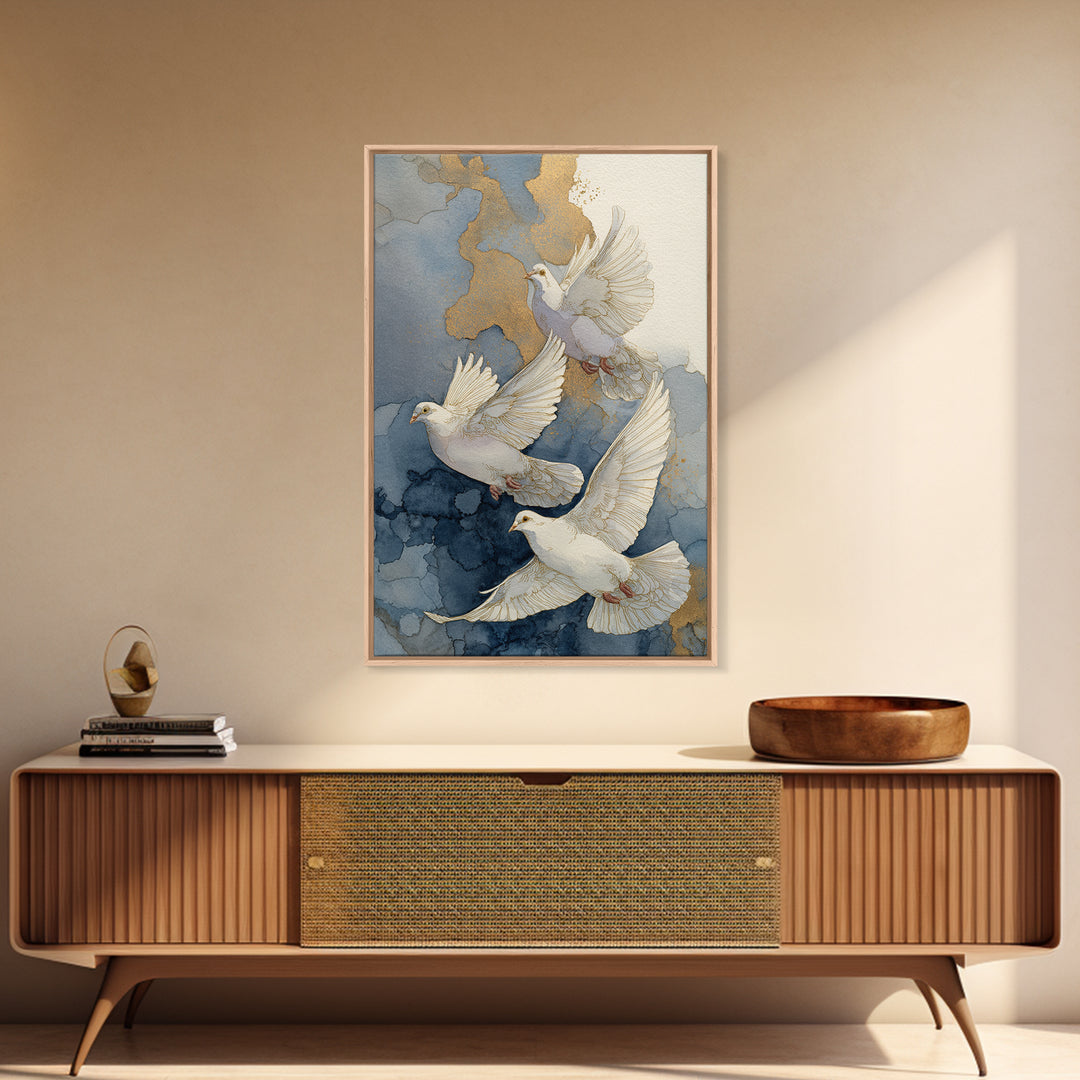 Doves Flying Through Soft Golden Light Framed Canvas Print, Wedding Art, Wall Decor, Living Room Decor, Fine Art, Romance, WED-2x3-43