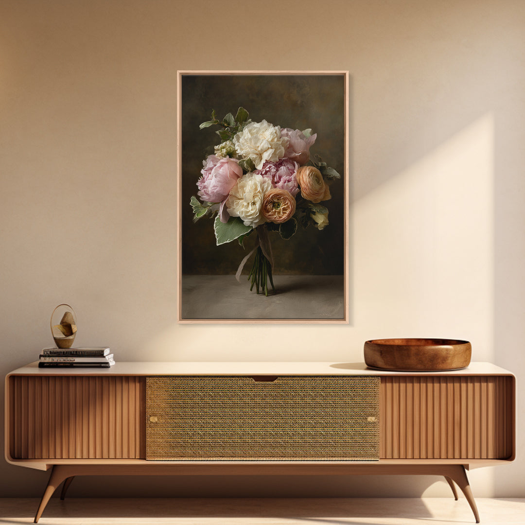 Peony and Ranunculus Bouquet Framed Canvas Print, Wedding Art, Personalized Wedding, Living Room Decor, Fine Art, Romance, WED-2x3-52