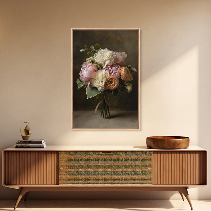 Peony and Ranunculus Bouquet Framed Canvas Print, Wedding Art, Personalized Wedding, Living Room Decor, Fine Art, Romance, WED-2x3-52