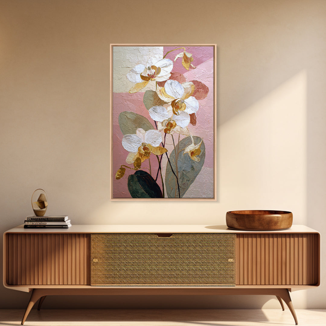 White Orchid and Gold Ribbon Composition Framed Canvas Print, Wedding Art, Wedding Reception, Living Room Decor, Abstract Art, WED-2x3-56