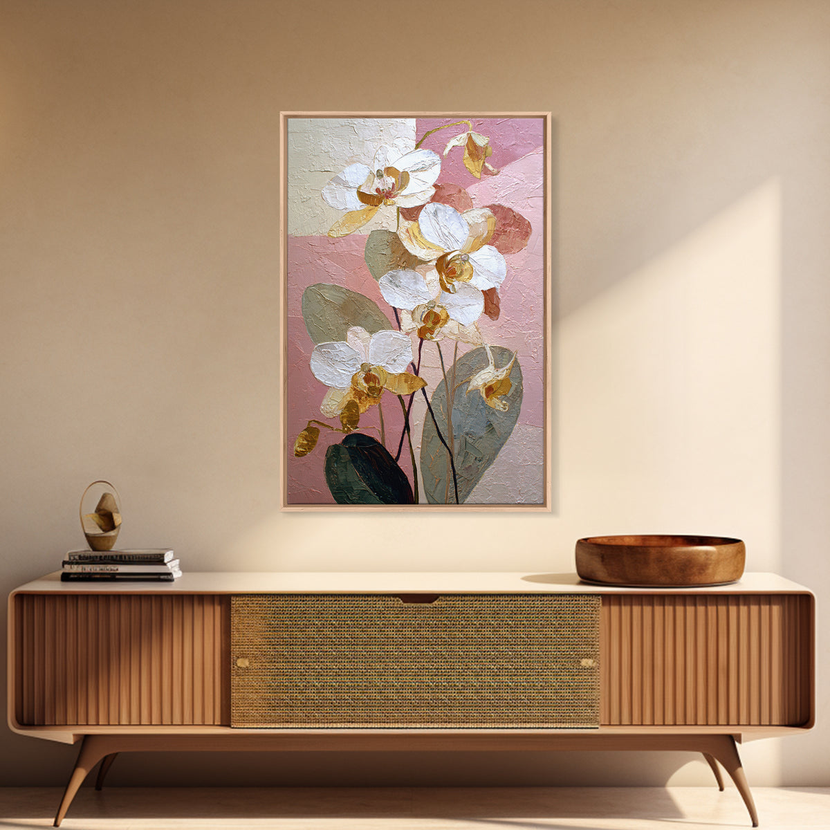 White Orchid and Gold Ribbon Composition Framed Canvas Print, Wedding Art, Wedding Reception, Living Room Decor, Abstract Art, WED-2x3-56
