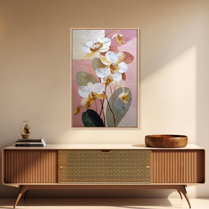 White Orchid and Gold Ribbon Composition Framed Canvas Print, Wedding Art, Wedding Reception, Living Room Decor, Abstract Art, WED-2x3-56