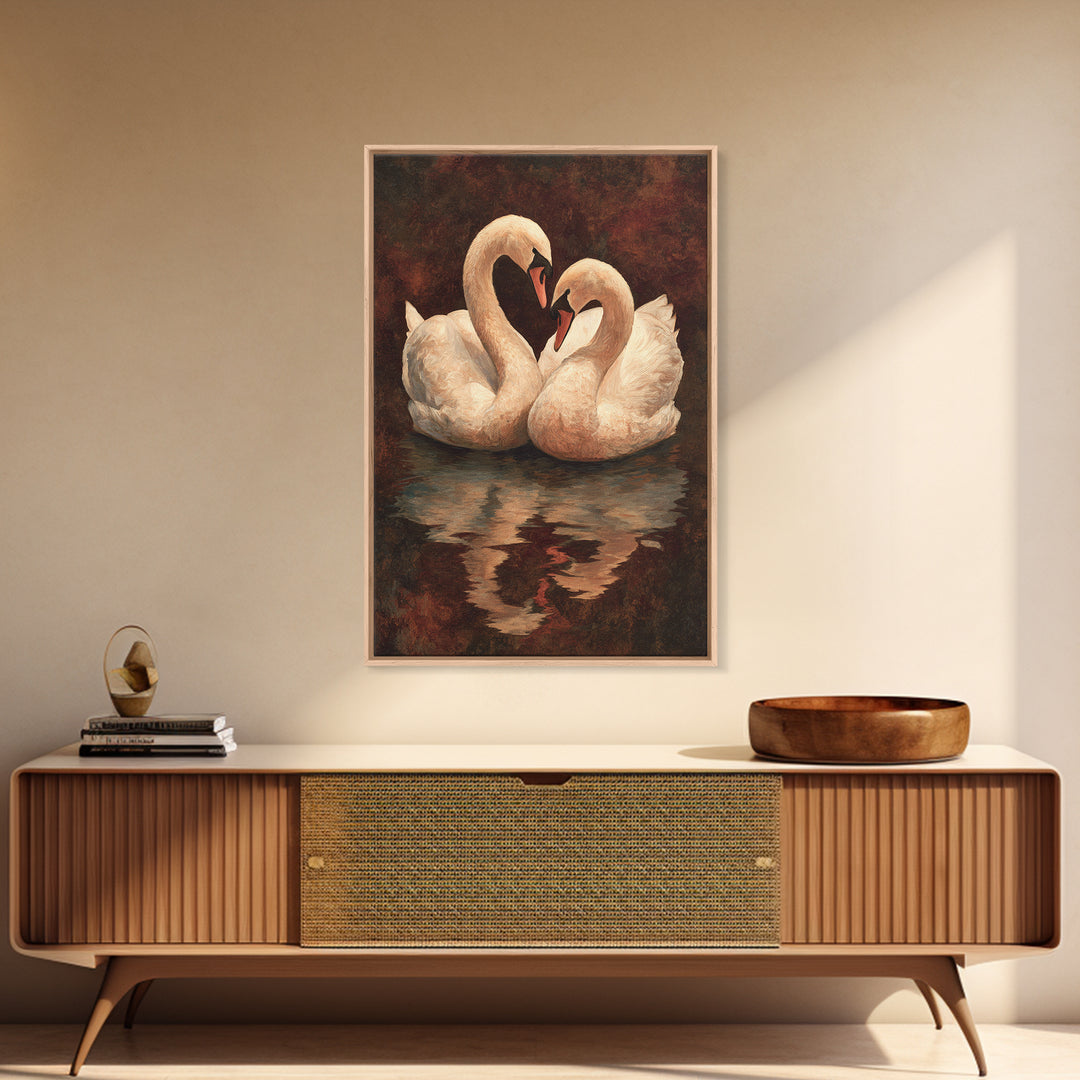 Two Swans Forming a Heart on Dark Canvas Print, Wedding Art, Contemporary Art, Living Room Decor, Fine Art, Romance, Custom Art, WED-2x3-58