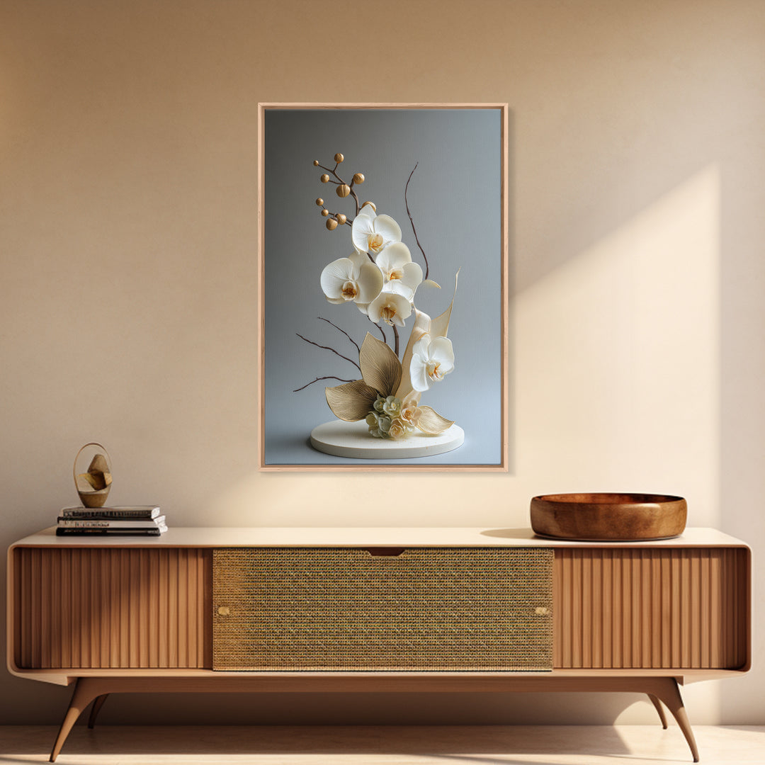 White Orchid and Gold Ribbon Composition Framed Canvas Print, Wedding Art, Custom Art, Living Room Decor, Oil Painting, Romance, WED-2x3-8