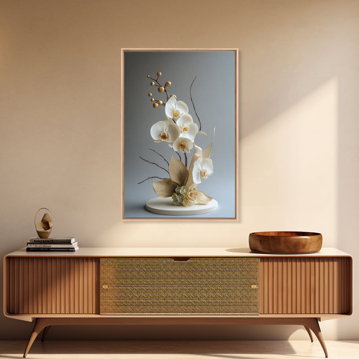 White Orchid and Gold Ribbon Composition Framed Canvas Print, Wedding Art, Custom Art, Living Room Decor, Oil Painting, Romance, WED-2x3-8