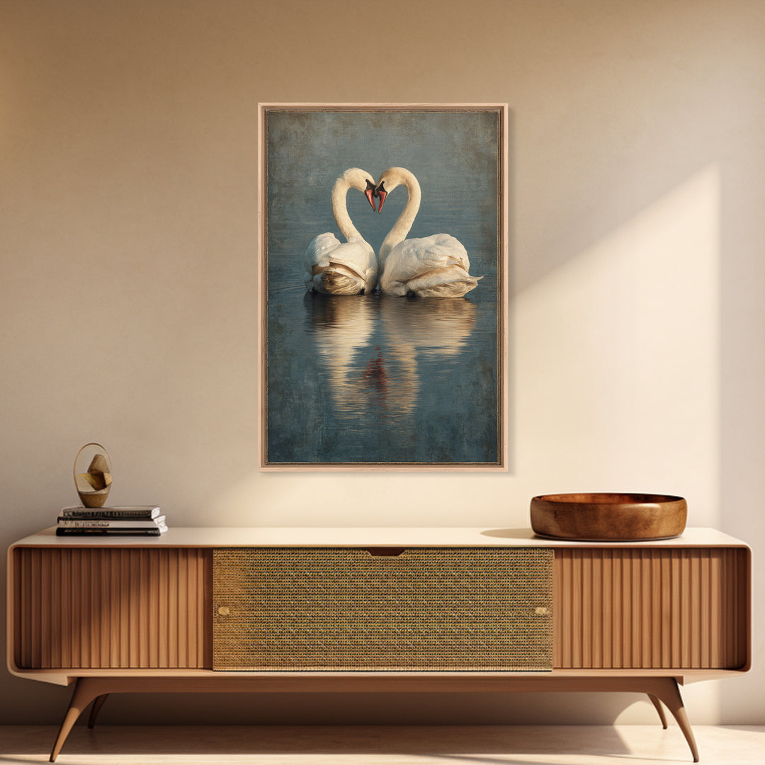 Two Swans Forming a Heart on Dark Canvas Print, Wedding Art, Contemporary Art, Living Room Decor, Fine Art, Romance, Custom Art, WED-2x3-82