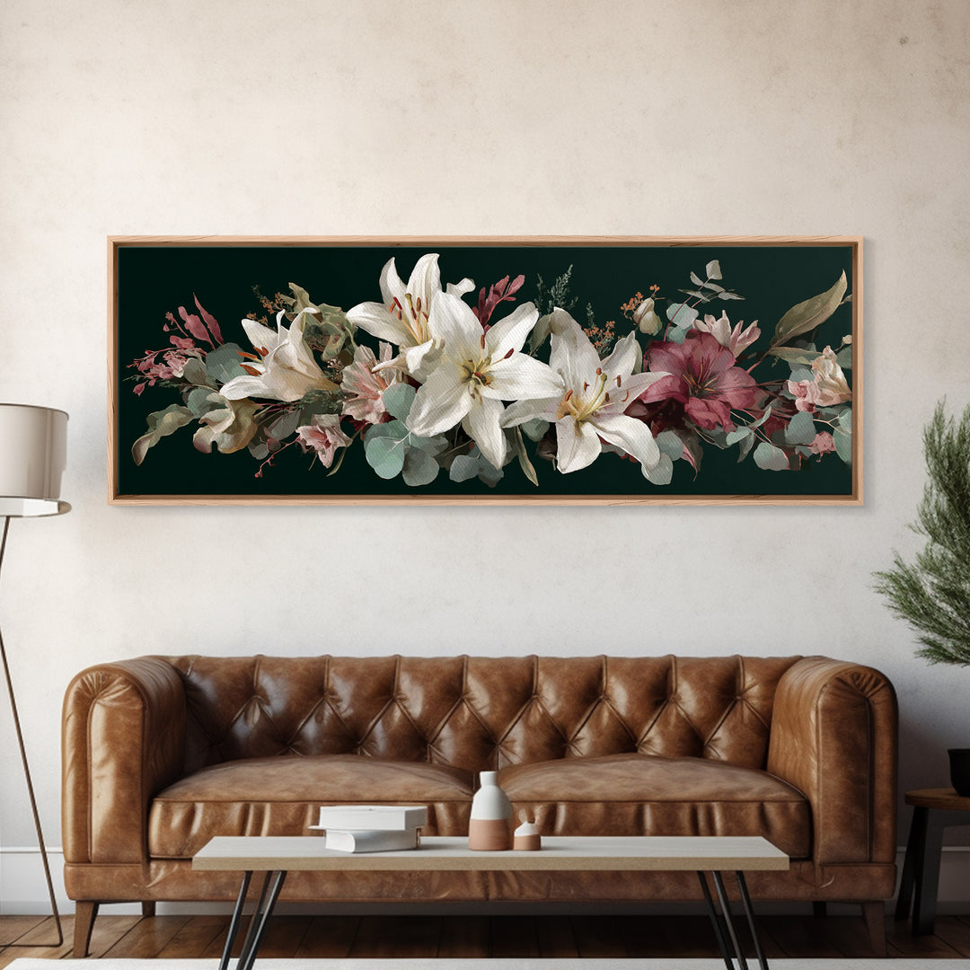 White Lilies and Eucalyptus Arrangement Framed Canvas Print, Wedding Art, Wedding Sign, Living Room Decor, Fine Art, Romance, WED-3x1-1