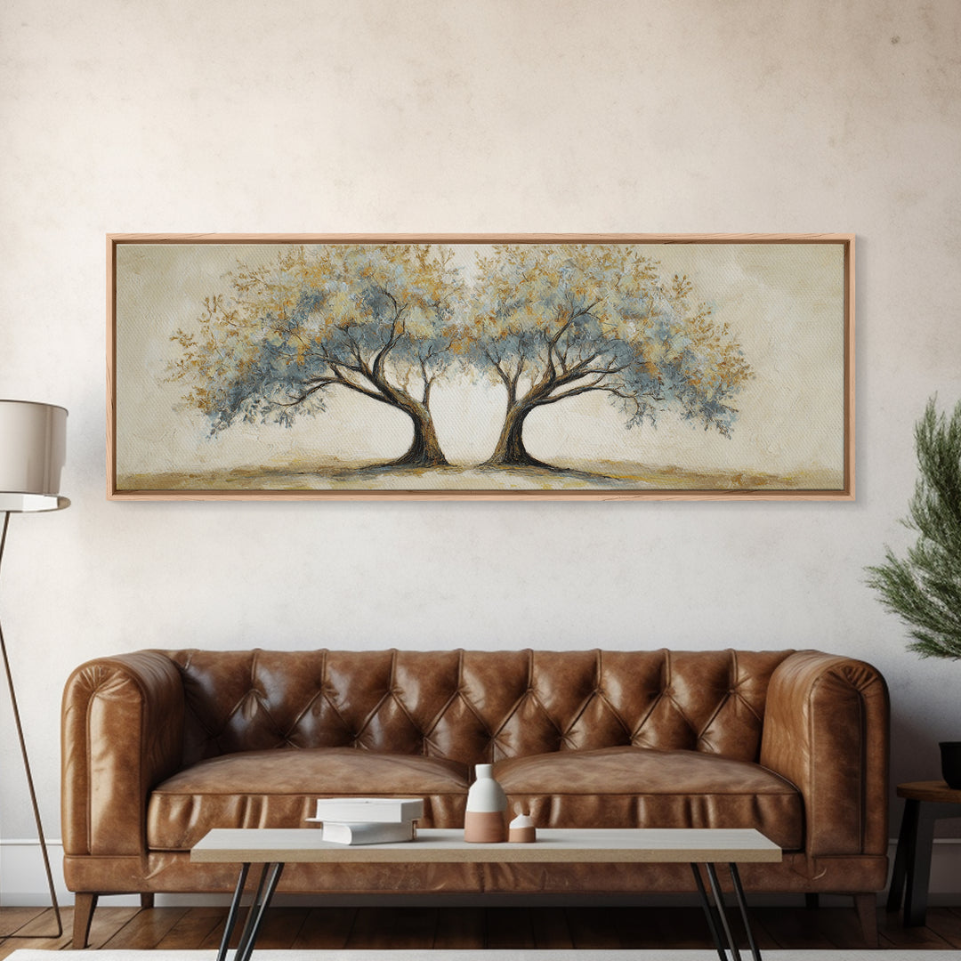 Two Intertwined Trees as Symbolic Artwork Framed Canvas Print, Wedding Art, Custom Wedding, Living Room Decor, Romance, WED-3x1-15
