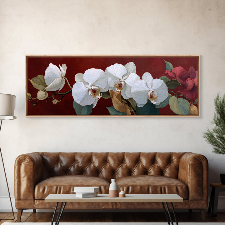 White Orchid and Gold Ribbon Composition Canvas Print, Wedding Art, Rustic Wedding, Living Room Decor, Fine Art, Romance, WED-3x1-16