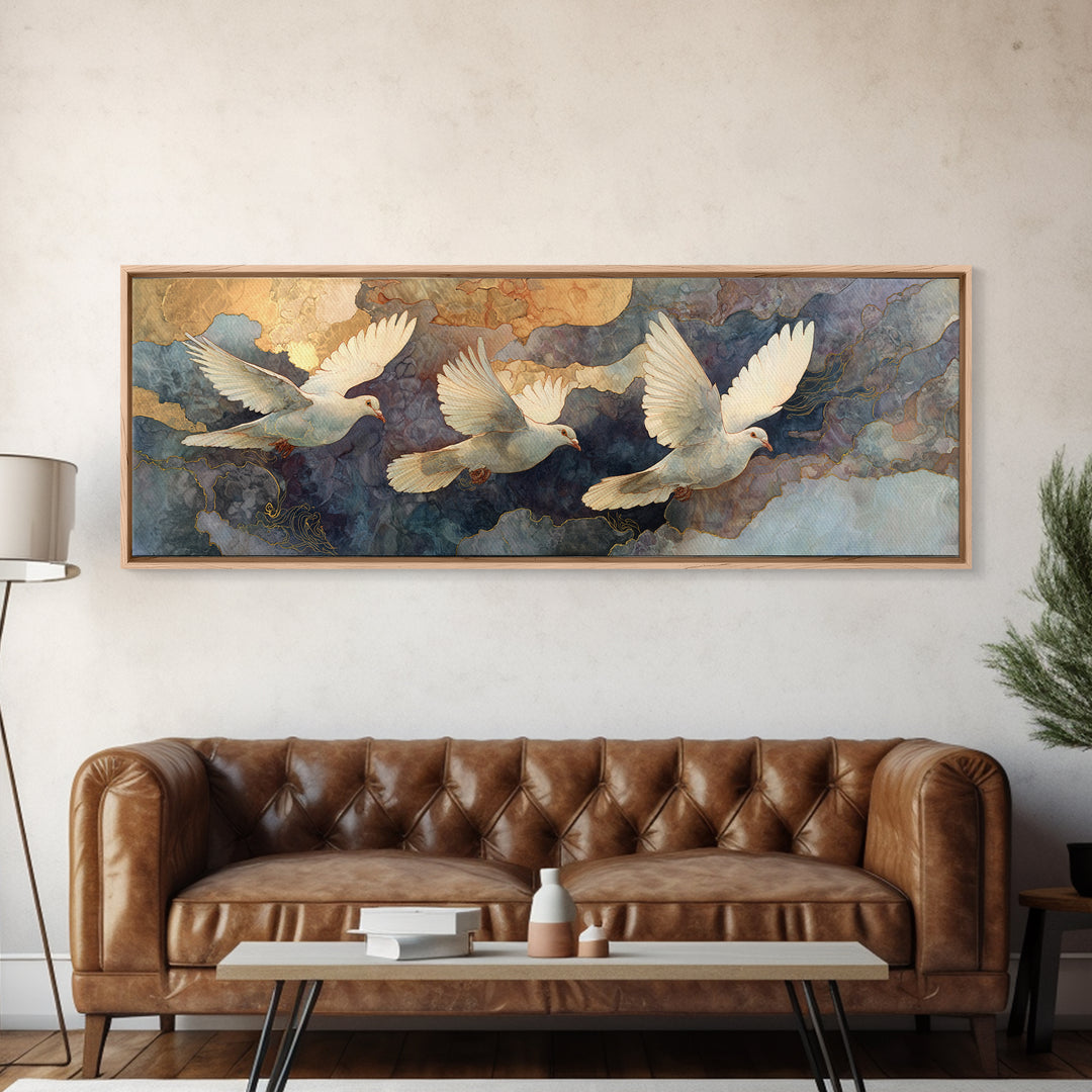 Doves Flying Through Soft Golden Light Framed Canvas Print, Wedding Art, Neutral Decor, Living Room Decor, Fine Art, Romance, WED-3x1-27