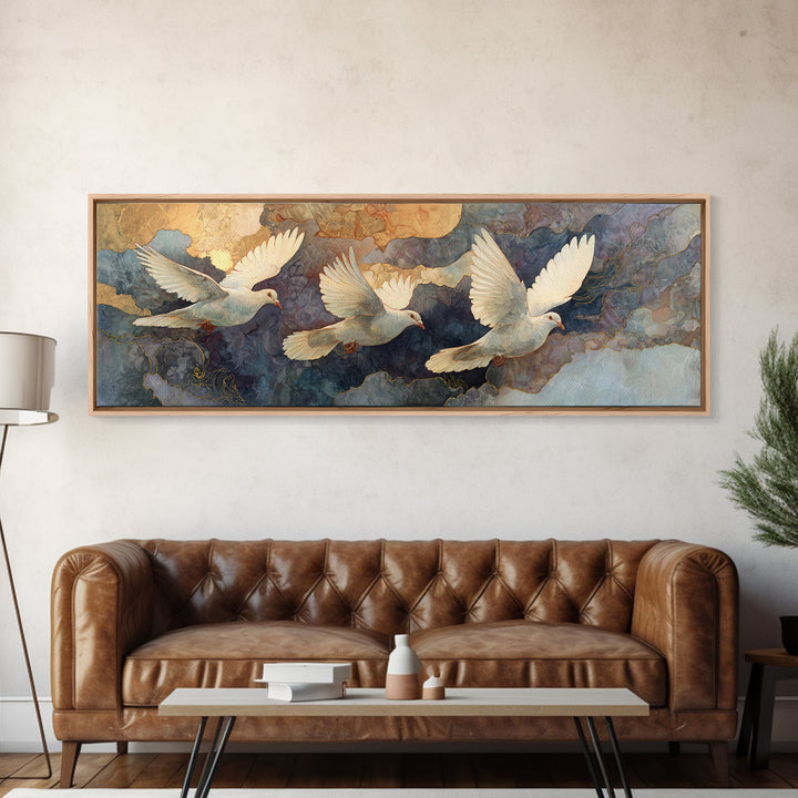 Doves Flying Through Soft Golden Light Framed Canvas Print, Wedding Art, Neutral Decor, Living Room Decor, Fine Art, Romance, WED-3x1-27