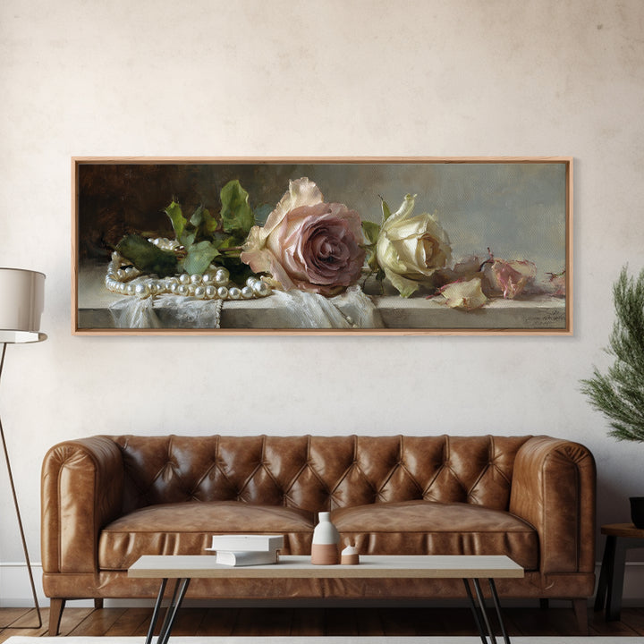 Pearl Necklace and Rose Still Life Framed Canvas Print, Wedding Art, Wedding Painting, Living Room Decor, Oil Painting, Romance, WED-3x1-28