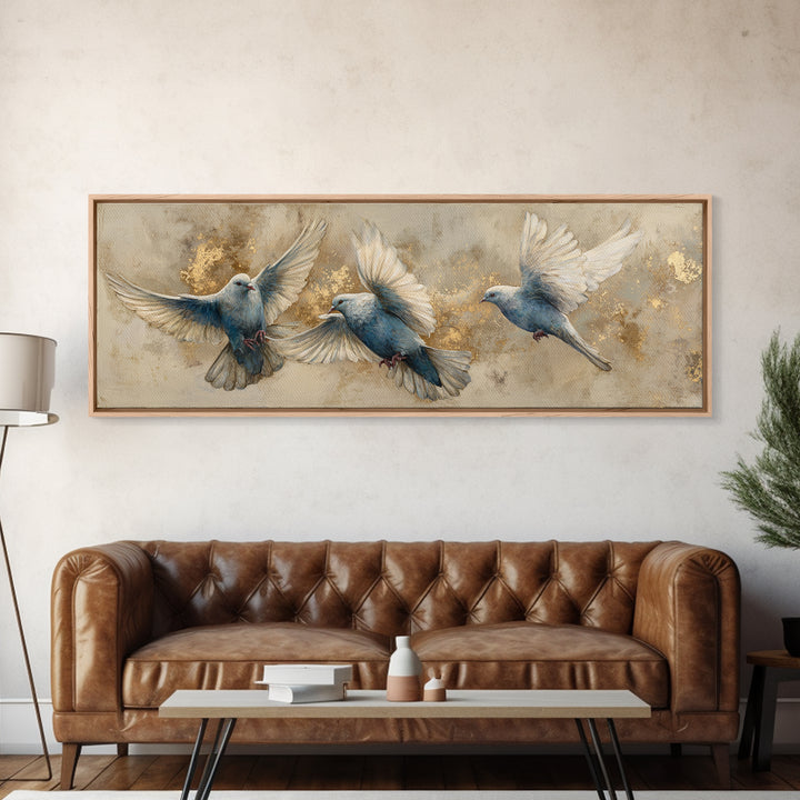 Doves Flying Through Soft Golden Light Canvas Print, Wedding Art, Personalized Wedding, Living Room Decor, Fine Art, Romance, WED-3x1-3