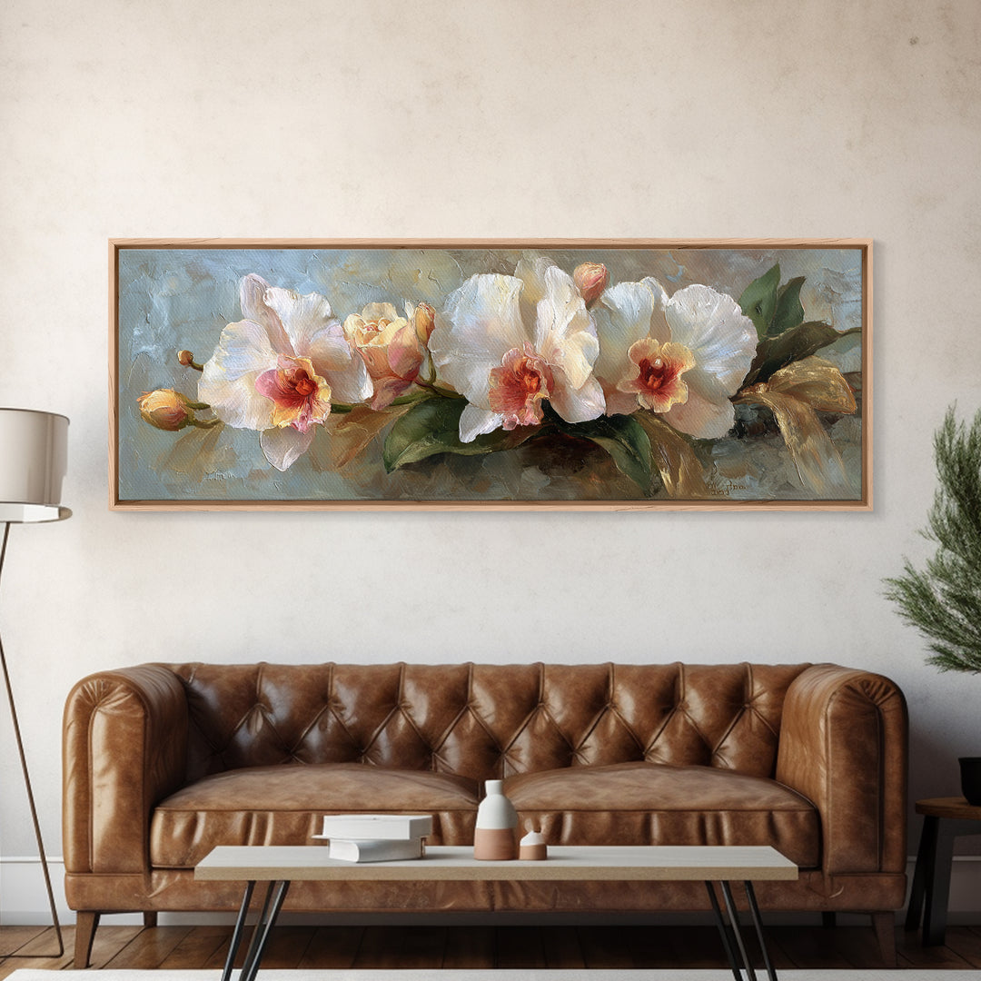 White Orchid and Gold Ribbon Composition Canvas Print, Wedding Art, Wedding Stationery, Living Room Decor, Fine Art, Romance, WED-3x1-40