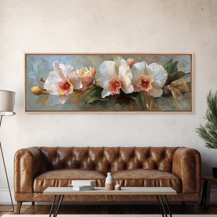 White Orchid and Gold Ribbon Composition Canvas Print, Wedding Art, Wedding Stationery, Living Room Decor, Fine Art, Romance, WED-3x1-40