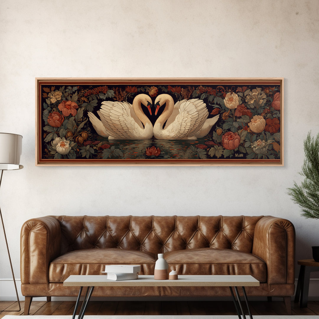 Two Swans Forming a Heart on Dark Canvas Print, Wedding Art, Printable Art, Living Room Decor, Fine Art, Romance, Beach Wedding, WED-3x1-42