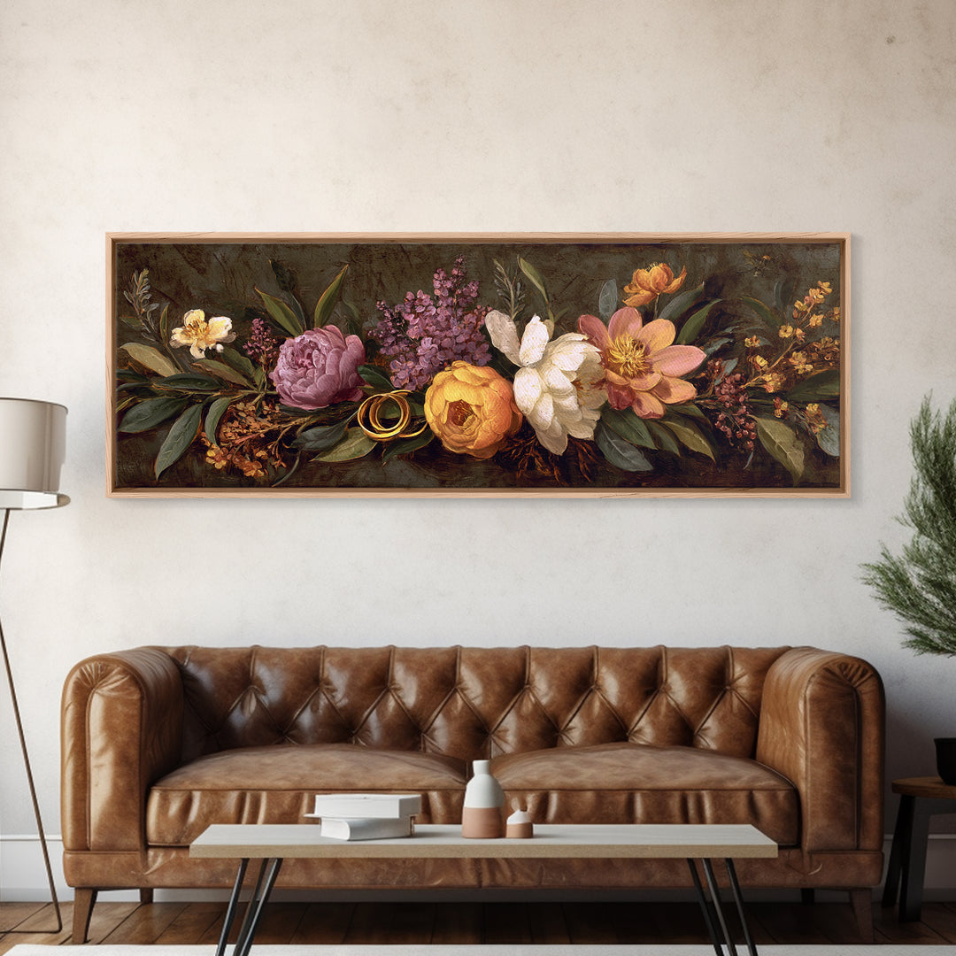 Gold Rings Resting on Velvet and Flowers Canvas Print, Wedding Art, Minimalist Decor, Living Room Decor, Fine Art, Romance, WED-3x1-43