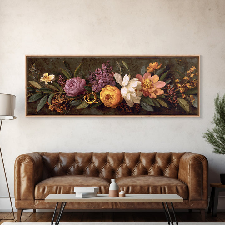 Gold Rings Resting on Velvet and Flowers Canvas Print, Wedding Art, Minimalist Decor, Living Room Decor, Fine Art, Romance, WED-3x1-43