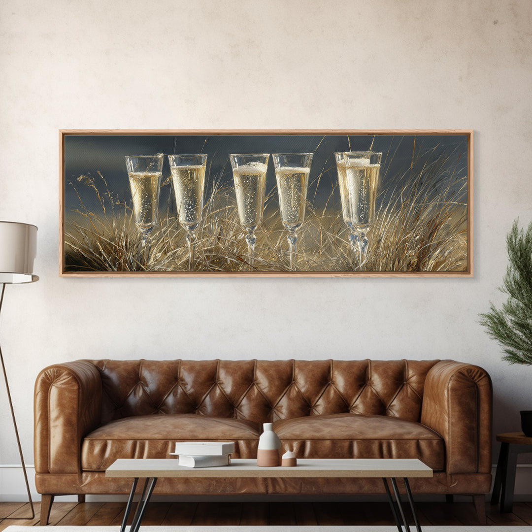 Champagne Glasses with Delicate Sparkle Canvas Print, Wedding Art, Custom Painting, Living Room Decor, Fine Art, Romance, WED-3x1-46