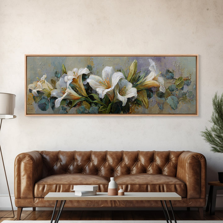 White Lilies and Eucalyptus Arrangement Canvas Print, Wedding Art, Custom Wedding Gift, Living Room Decor, Abstract Art, WED-3x1-49