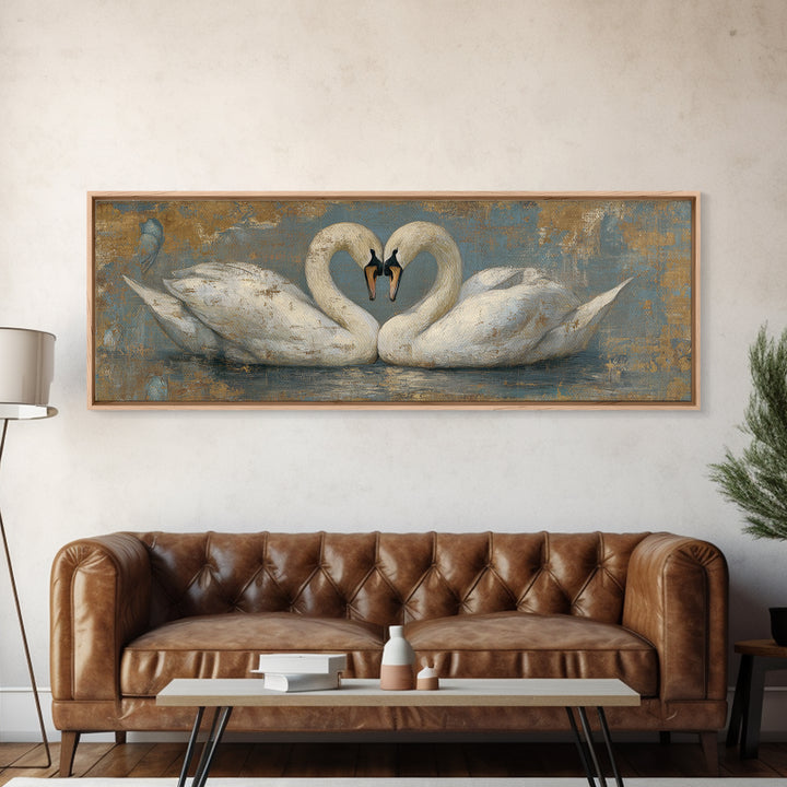Two Swans Forming a Heart on Dark Canvas Print, Wedding Art, Printable Art, Living Room Decor, Fine Art, Romance, Beach Wedding, WED-3x1-66